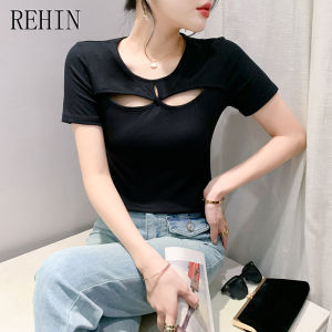 REHIN Summer new fashion hollow splicing Slim All-match round neck short-sleeved T-shirt trendy women blouse