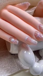 100% HANDMADE Short trapezoid Artificial  Nails Art Sweet pink French nails hand painted Christmas nails pink Christmas tree nails  Phototpy Fake Nail Press on Nail Reusable And Removable With Free Glue