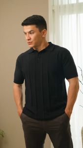 Kaos Polo Pria Lengan Pendek Rajut Premium Katun Smith Berlin Kishon Knit Modern Fit Tekstur Motif Polos