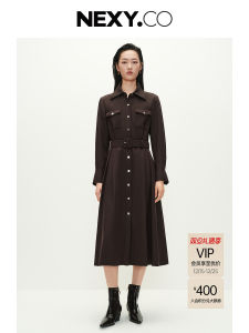 NEXY.CO Autumn 2025 Woolen Shirt Dress Slim Fit Long Sleeve Commute Style with Belt High End Womens Fashion Dress