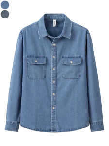Retro Faded Single-Button Double-Pocket Long-Sleeve Mens Denim Shirt Spring Autumn Arc Hemline Worn-In Look Youthful Style