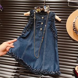 Summer New Korean Version Casual Girls Clothes for Children Aged 2-7 Pleated Single Breasted Sleeveless Denim Dress