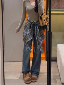 กางเกงยีนส์ขากว้างสีน้ำเงินสำหรับผู้หญิง ฤดูใบไม้ร่วง 2025 ดีไซน์ใหม่ 2 ชิ้น ดีไซน์เก๋ไก๋ กางเกงขายาวทรงตรง ทรงหลวม ทรงหลวม