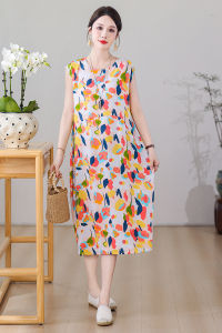 Váy Voan Lụa Hoa Nhỏ 2025 Mùa Hè Váy Chữ a Cạp Cao Thường Ngày Cho Phụ Nữ Trung Niên Váy Ngắn Tay Ngắn Cổ Tròn