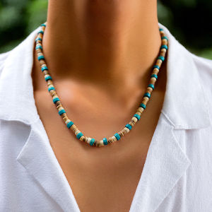 Retro Men Mixed Color Wooden Bead Necklace Fashion Stylish and Simple Personality Bohemia Wind Clavicle Chain Cross-Border Sold Jewelry
