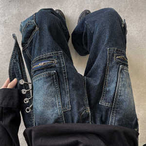 Heavy Duty Deconstructed Patchwork Mens Jeans American High Street Vibe Windbreaker Buckle Wide Leg Multiple Pockets Workwear Pants