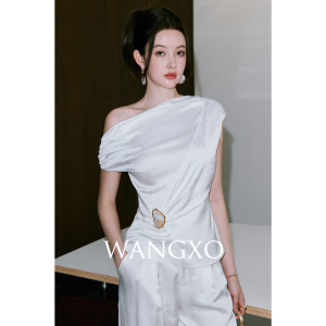 WANGXO | High-density Satin Drapey High-waisted Flare Pants and One-shoulder Ruched Waist-cinching Top