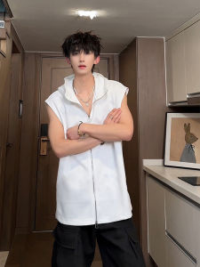 White Hooded Sleeveless Vest Mens Summer Design Sense Metal Zipper T-Shirt American Style Heavyweight Short Sleeve Shoulder