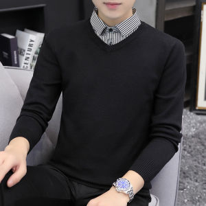 Fake Two Pieces Sweaters Mens Shirt Collar 2024 Fall and Winter New Arrival K-style Knitwear Trendy Sweater Lead Bottoming Sweater