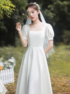 French Style Square Collar White Dress Womens High-End Registry Wedding Dress Lightweight Evening Gown Casual Wear