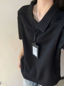 Black American Splice Short Sleeve Polo Shirt Mens Summer Turn-down Collar T-shirt Loose Fit Cleanfit Shoulder-Length Half Sleeve