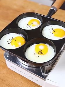 【Fast Delivery】4-Hole Frying Pan Wooden Handle Non Stick Egg Frying Pan Hamburg Bread Breakfast Maker for Gas Stove Induction Cooker【Arrive 1-3 Days】