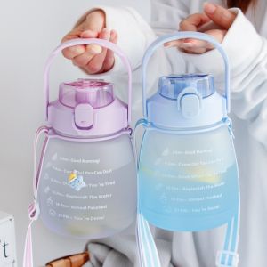1300ML Large Capacity Frosted Water Bottle With Straw Gradient Plastic Water Cup Crossbody Carrying Handle Outdoor Sports Gym Fitness On-go Trip Portable drop-resistant Drinking Jug