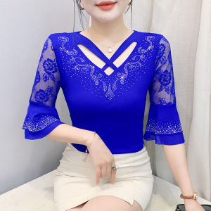 YIMEI เสื้อเชิ๊ตตาข่ายสำหรับผู้หญิงเสื้อเชิ๊ตผู้หญิงเสื้อเชิ๊ตผู้หญิงเซ็กซี่และผอมสามส่วนเสื้อยืดผู้หญิงกันแดดสีฟ้าพรีเมี่ยมฤดูร้อน2025