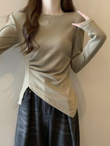 plus Size Asymmetrical Base Shirt Womens Spring Autumn Inner Wear Slimming Long Sleeve Top Cover Belly Design Split T-Shirt