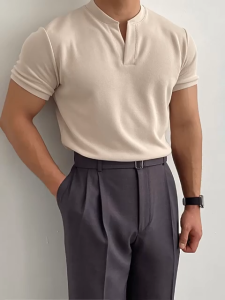 เสื้อท็อปแขนสั้นคอปก เฮนลีย์ สไตล์เกาหลี เนื้อผ้าใส่สบายทรงเข้ารูปและบานเข้ารูป