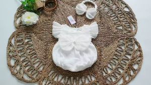 BD128 Bodysuit áo liền quần cho bé gái sơ sinh RIOKIDS quần áo đầy tháng thôi nôi xô Muslin trắng