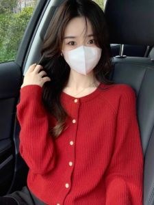 Red Knitted Sweater Womens Christmas Vintage round Neck Base Layer Top Coat Open Cardigan Korean Style Loose Fit Long Sleeve