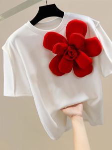 Korean Style round Neck Short Sleeve Elastic Womens T-shirt Spring Summer Casual Fashion Color Block Floral Print Top