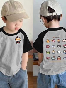 Summer Pure Cotton T-Shirt Childrens Short Sleeve Patchwork Shoulder Insertion Base Shirt Top for Boys Casual Printed Dresses