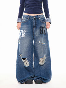 Retro American Style Distressed Letter Print Hole Denim Jeans Women Loose Floor-Length Wide Leg Pants Trendy Street Style