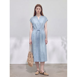 GULILI | Blue Cord Drawstring Linen Sleeve Short Dress