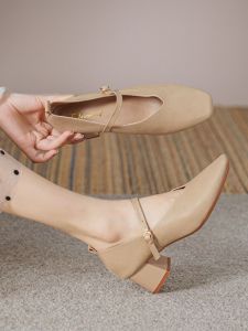 Mary Jane High Heels Soft Leather V-Notch Grandmother Shoes Womens Fashion Single Shoes Square Head Retro Small Fragrance Style