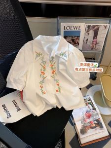 Girls Summer 2025 Embroidered Cotton Bubble Sleeve Short Sleeve Loose Shirt Korean Style Pure Cotton Spring Autumn Wear