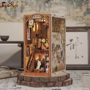CUTEBEE Book Nook Dollhouse Kit With Touch Light Dust Cover DIY Miniature Doll House Toys For Birthday Gifts Ink Rhyme Bookstore