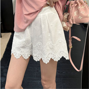 QIAONIAOGE | French Romantic White Lace Shorts Women Summer Elastic Waist Pleated Embroidered Trim Casual Hot Pants High Waist Slim Fit
