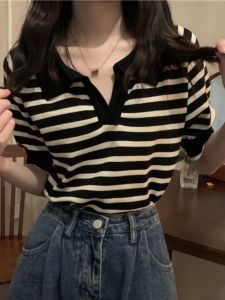 Design Stylish Striped Short Sleeve Knitted T-Shirt