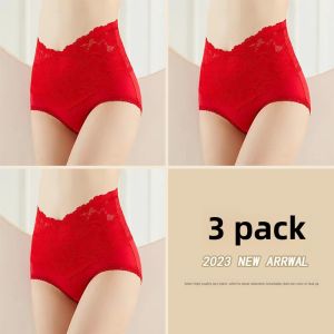Red Lace Pure Cotton High Waist Triangle Panties Womens Underwear Abs Slimming Briefs Dragon Year Underpants Bridal Panties