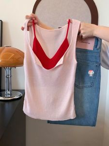 เสื้อกั๊กถักแขนกุดฤดูร้อนสำหรับผู้หญิง เสื้อคลุมสองชิ้นที่สวยงามและโดดเด่น ทรงสลิมฟิต สีสันสดใส ทรงปกติ แขนกุด