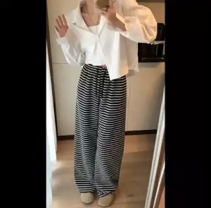 Quần Ống Suông Tăm Kẻ Sọc Ngang Cạp Chun Đây Đen