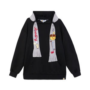 B.Duck Duckling Hoodie Womens Loose Fit Black Sweatshirt with String Cartoon Print Streetwear Style Autumn New Arrival