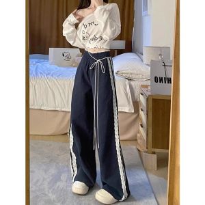 กางเกงขายาวทรงตรงผ้าลูกไม้สไตล์ย้อนยุคสไตล์อเมริกันสำหรับผู้หญิงในฤดูใบไม้ผลิและฤดูใบไม้ร่วง กางเกงขายาวทรงหลวมๆ สวมใส่สบาย ระบายอากาศได้ดี