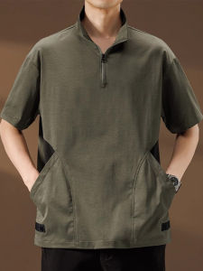 Side Pocket Ice Silk Short Sleeve T-Shirt with Stand Collar and Half Zipper