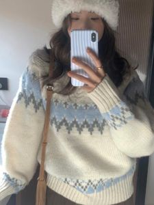 Nordic Christmas Painter Color Block Woolen Sweater Womens Autumn Winter New Lazy Design Sense Top Warm Knitted Long Sleeve round Neck