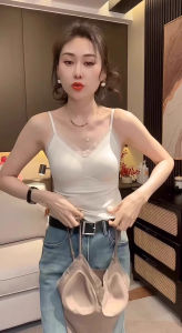 chaqi | French Satin V-neck Strap Vest Integrated Chest Pad Womens Summer Seamless Underwear Matching Outerwear Beautiful Back Bra