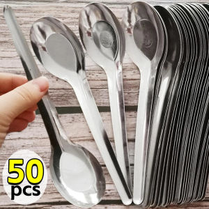 50pcs Stainless Steel Flat Bottom Soup Spoon / Coffee Tea Dessert Spoon - Deep Polished Mirror Dinner Spoon / Kitchen Utensils Cutlery