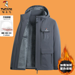 Woodpecker Cotton-Padded Coat Mens Winter Velvet Thickening Padded Jacket Middle-Aged and Elderly Detachable Hat Plus Size Dad Cotton Coat Jacket Men