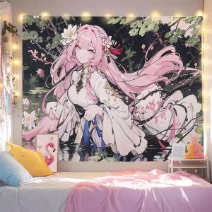 VIKAMA Honkai Impact Elysia Wall Tapestry Pink Crystal Anime Manga Home Decor Cute Kawaii Soft Durable Cozy Aesthetic Gift Retro