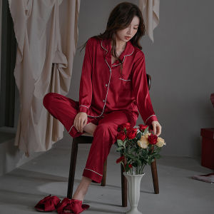 Womens Long Sleeve Ice Silk Thin Home Clothes Sleepwear Set Spring Autumn Large Size Can Be Worn outside Polyester Fiber