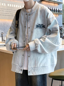 Trendy Baseball Style Ripped Denim Jacket for Men Spring Autumn Casual Loose Fit Cotton Polyester Blend Youth Fashion Outerwear