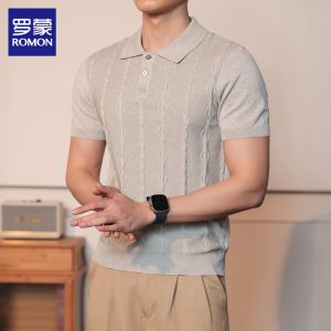ROMON | Knit Turn-down Collar Polo Thin Summer Business Leisure Jacquard Short Sleeve T-Shirt