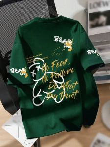 Summer mens round neck breathable T-shirt with cartoon bear print pattern suitable for daily and weekend gifting to friends