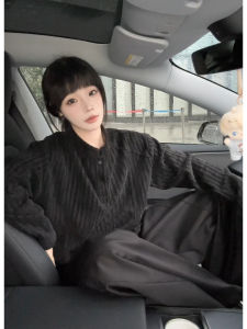 เสื้อสเวตเตอร์คอฮันซ่าสีดำทรงหลวมสำหรับผู้ชาย เสื้อยืดลายกระดูกปลา สไตล์อเมริกัน แฟชั่นฤดูใบไม้ผลิและฤดูใบไม้ร่วง เสื้อผ้าลำลอง