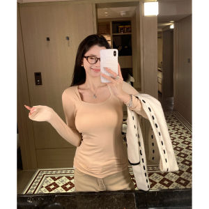 EKOOL Womens Slim Fit Long Sleeve Wool Blend T-Shirt Square Collar Base Shirt with Chest Pad Winter New Style Simple Solid Color