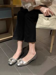 Elegant Silver Flat Heel Single Shoes Womens Spring Autumn Commute French Style Slip-On Diamond Buckle Fashion Footwear