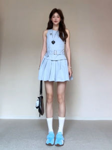 GATTIBOR | Blue French Style Sleeveless Summer Dress For Women Short Skirt Casual A-Line Silhouette Pure Color Waist-Cinched GATTIBOR